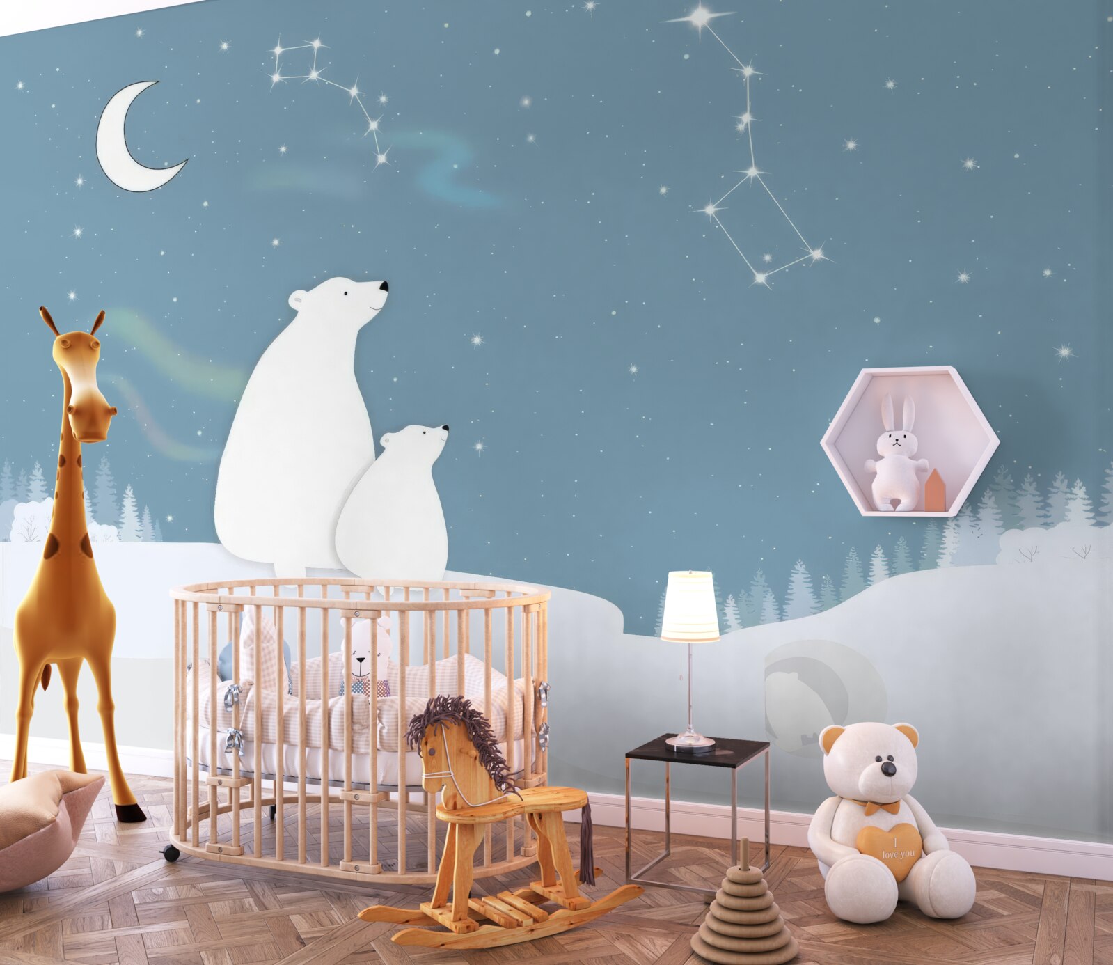 Fototapet o ursoaică și puii ei se uită la stele