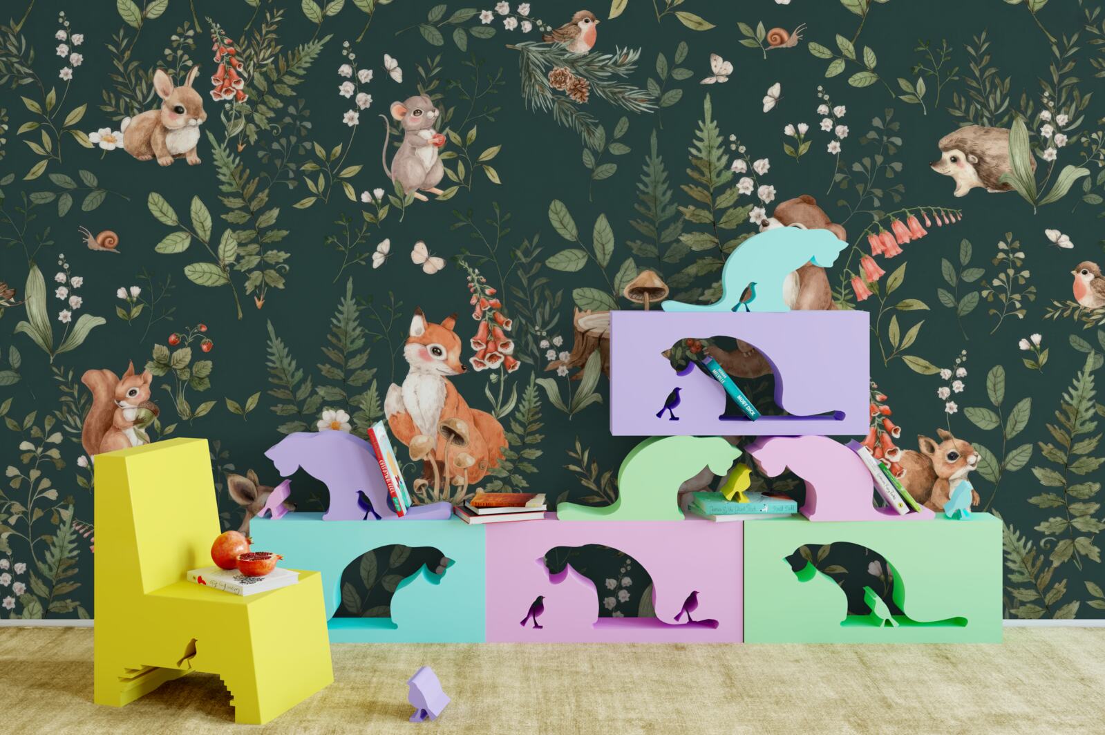 Fototapet printre frunzele verzi există diverse animale