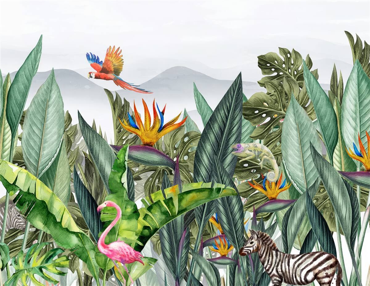 Fototapet verdeață diversă cu animale și păsări