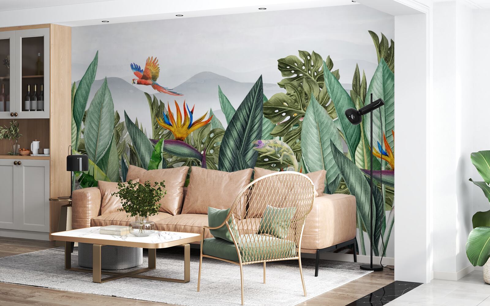 Fototapet verdeață diversă cu animale și păsări