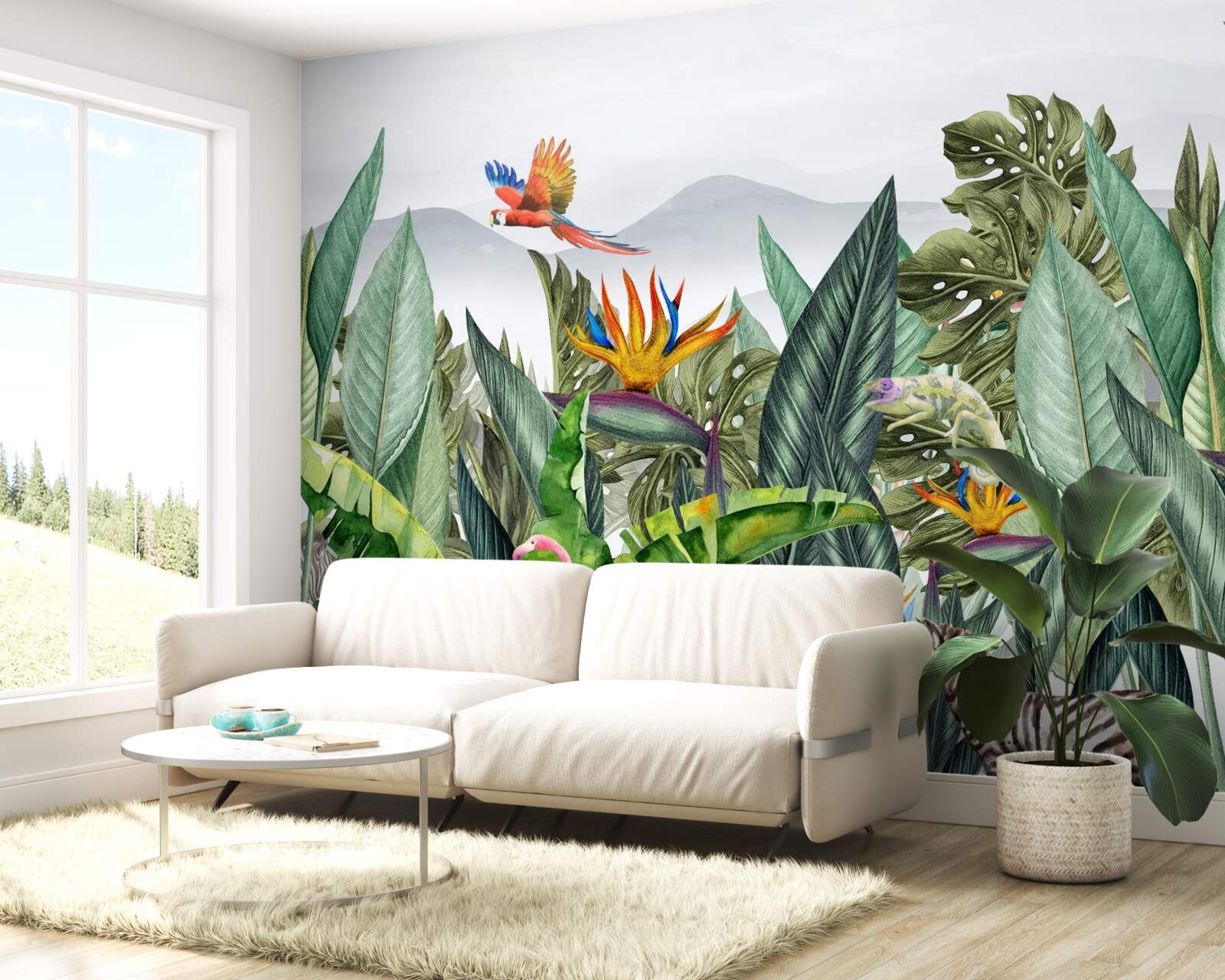 Fototapet verdeață diversă cu animale și păsări