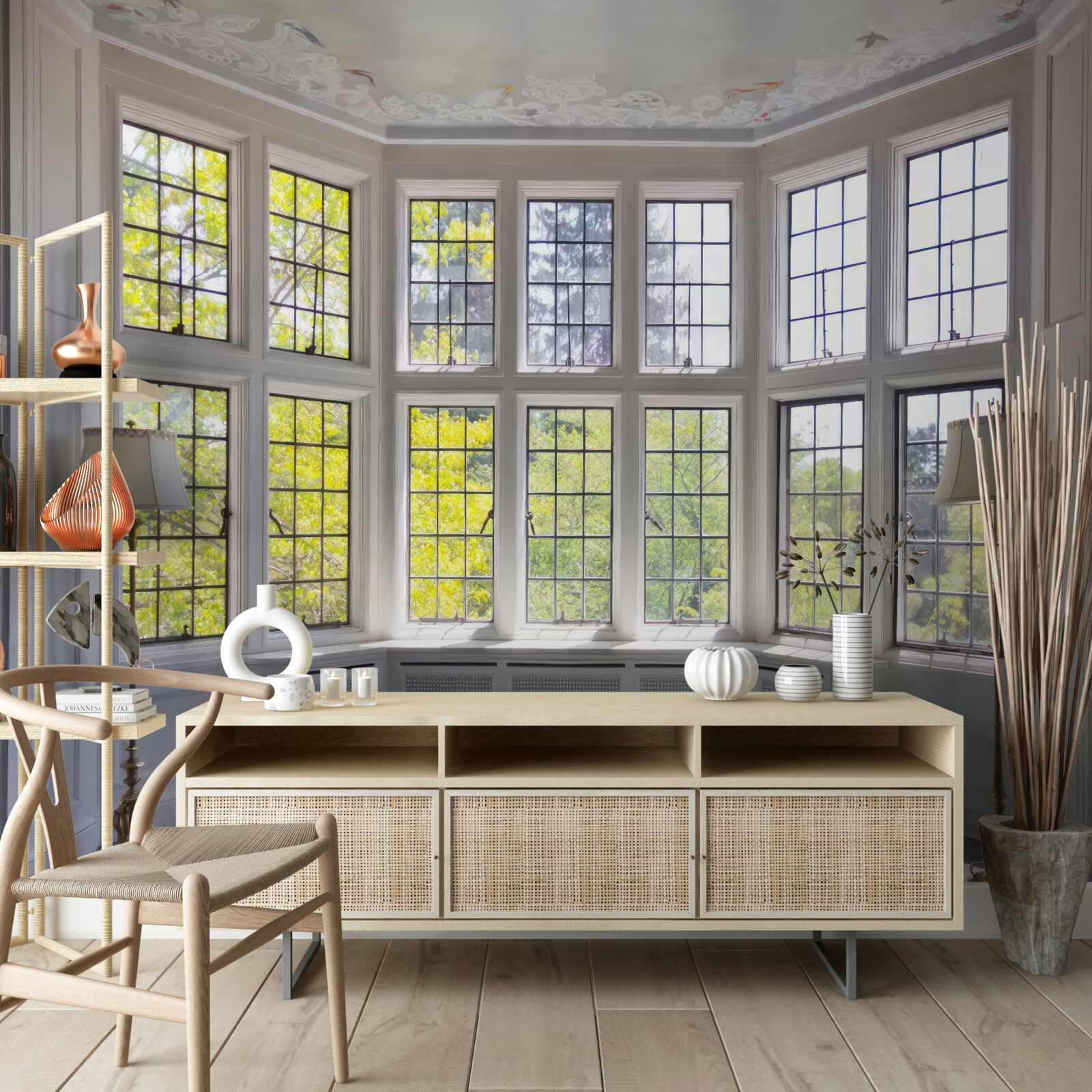 Fototapet panoramă de copaci de la fereastră