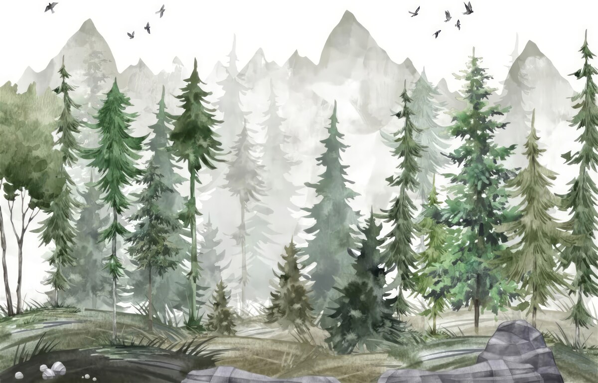 Fototapet pădure și munți pictați în acuarelă