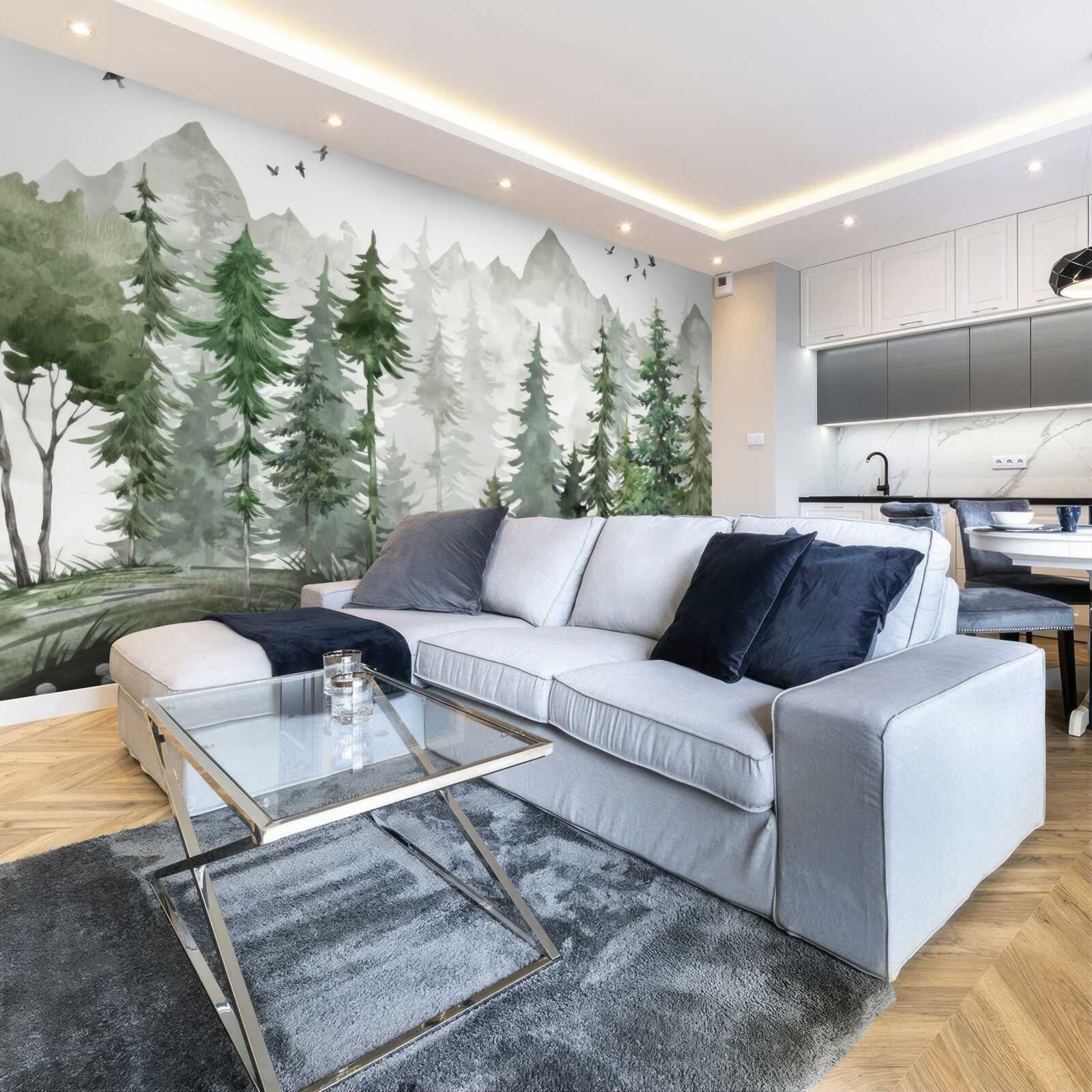 Fototapet pădure și munți pictați în acuarelă