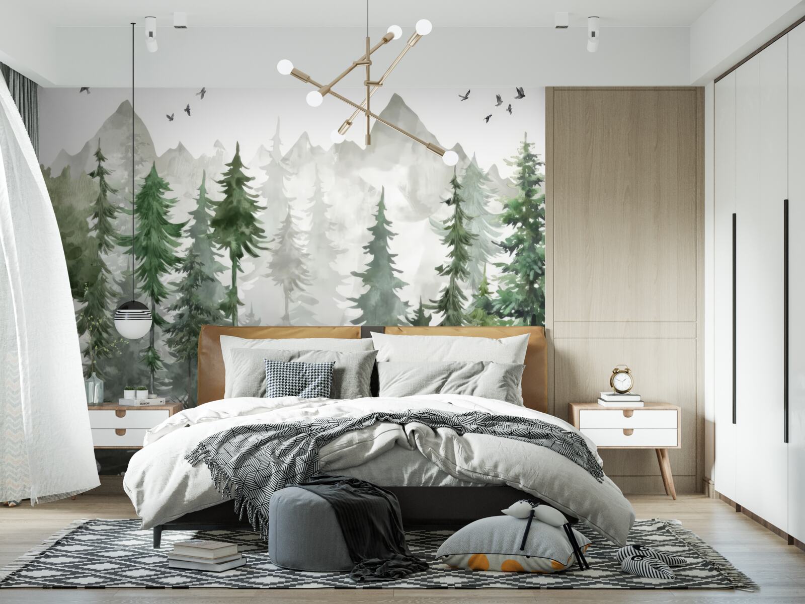 Fototapet pădure și munți pictați în acuarelă