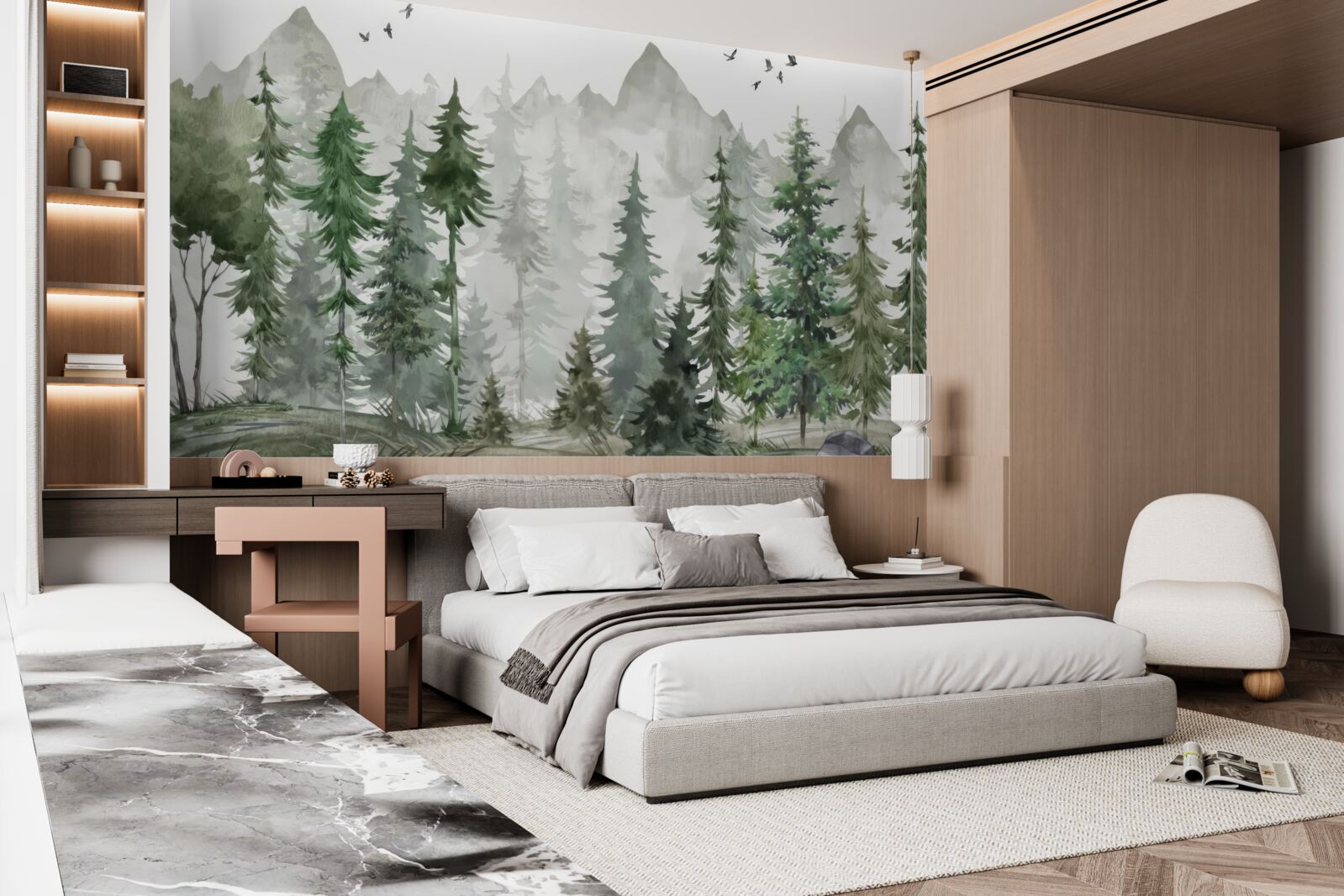 Fototapet pădure și munți pictați în acuarelă