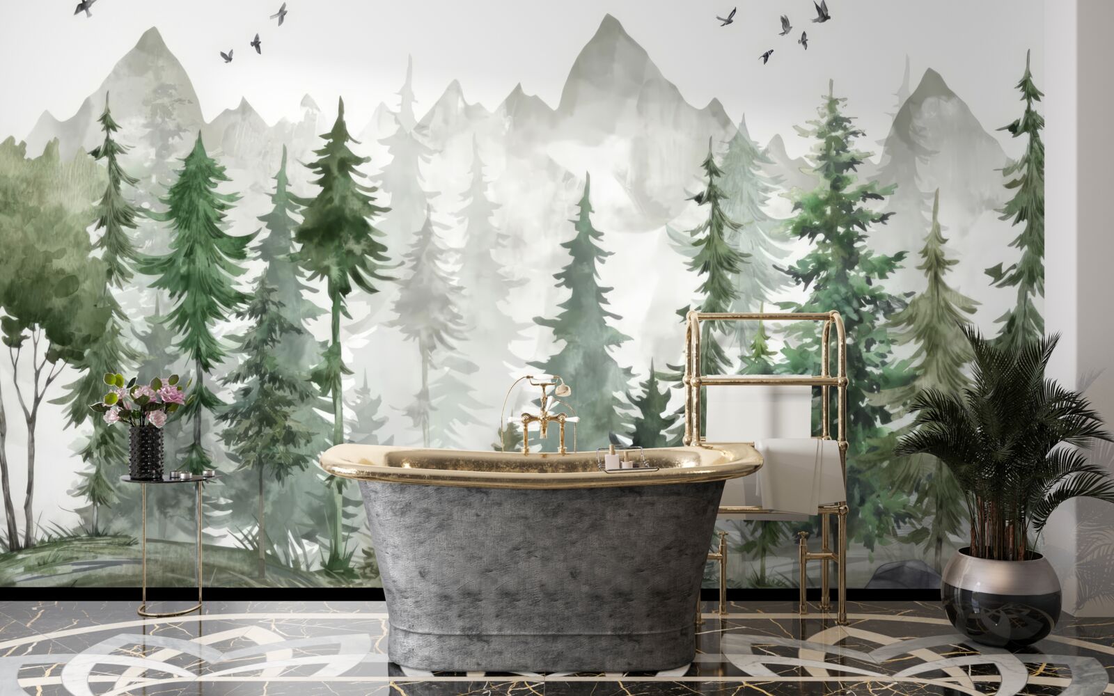 Fototapet pădure și munți pictați în acuarelă