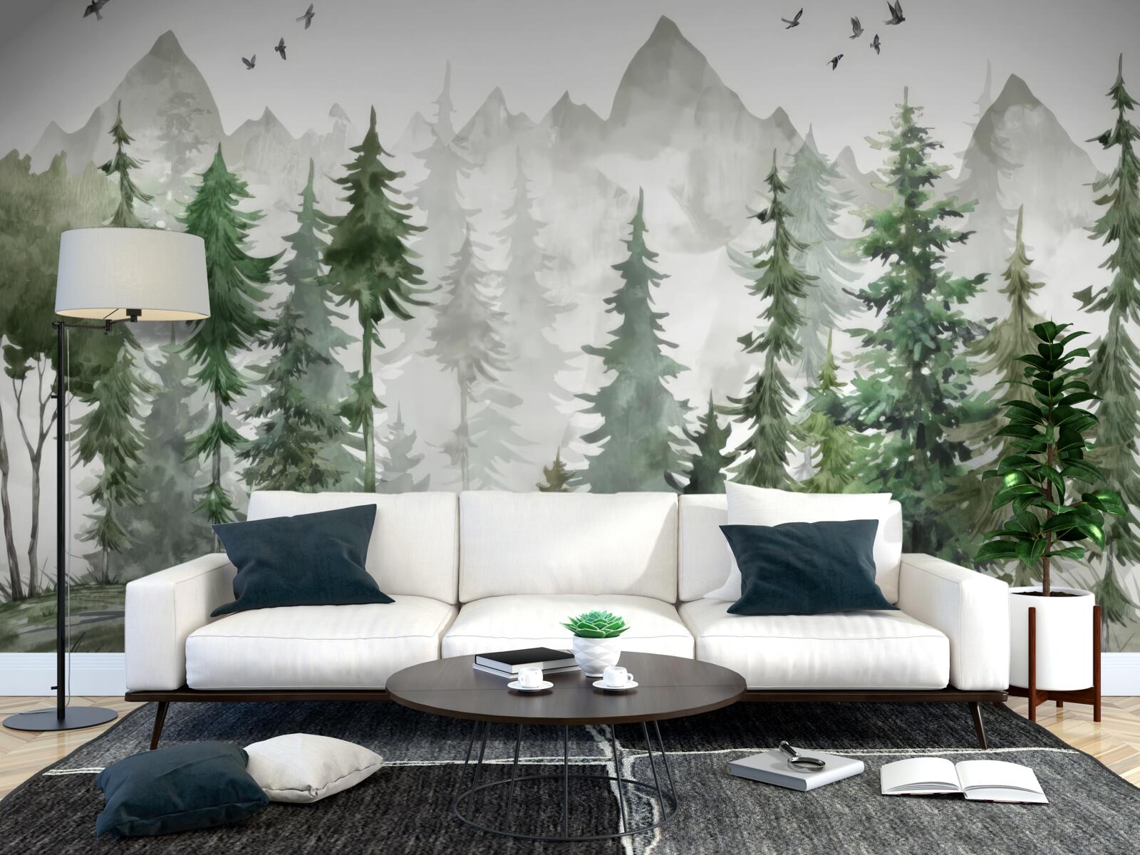 Fototapet pădure și munți pictați în acuarelă