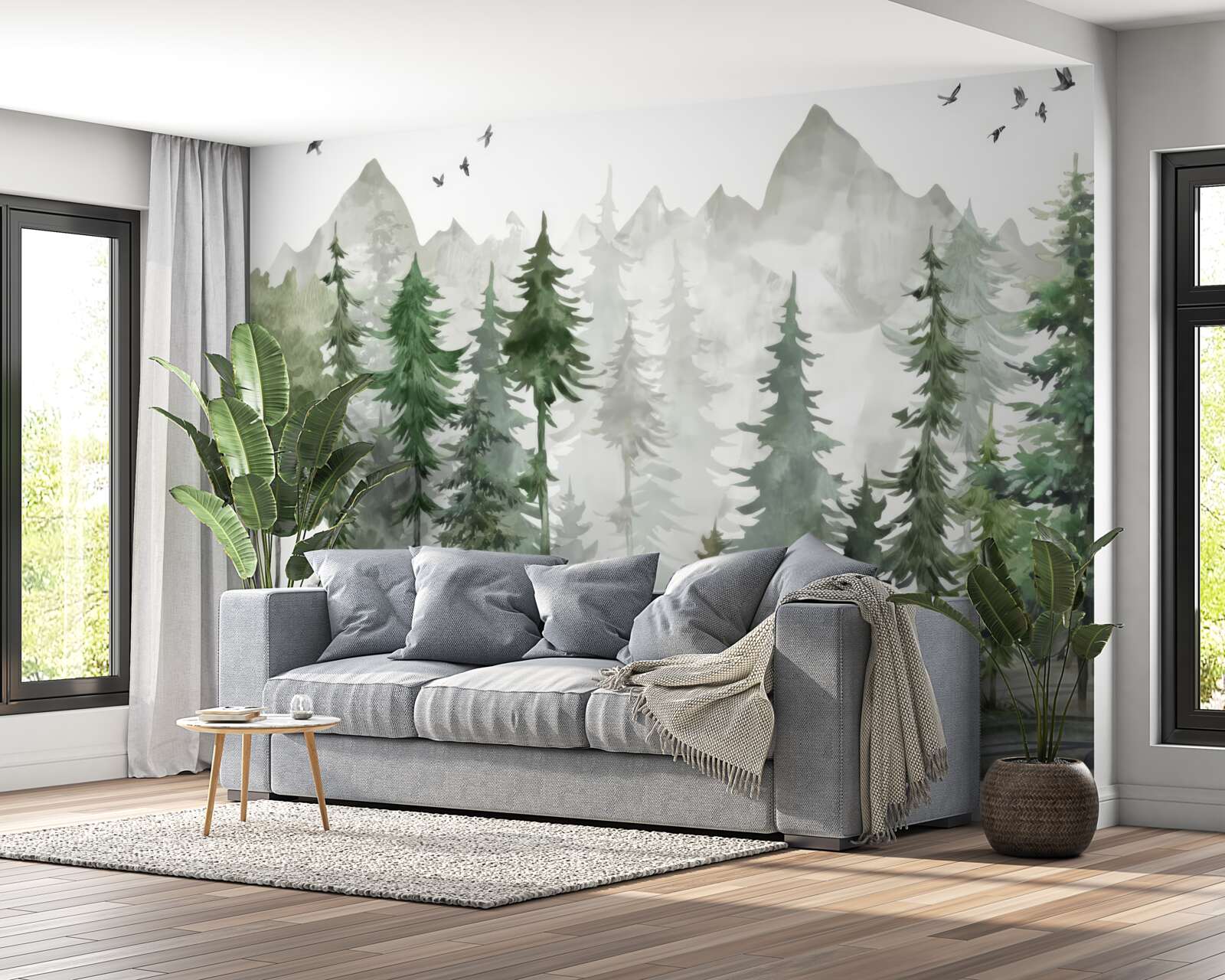 Fototapet pădure și munți pictați în acuarelă