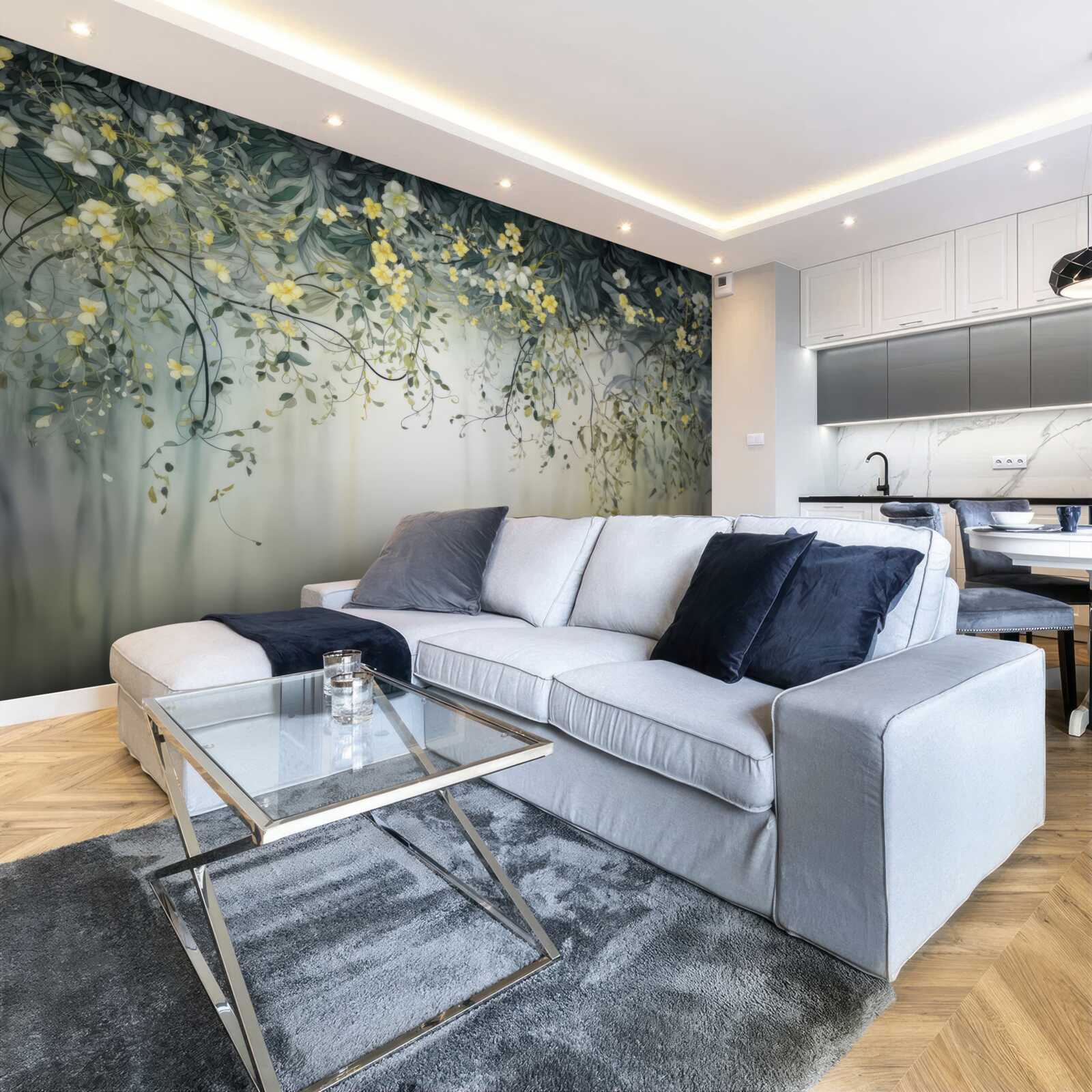 Fototapet plante verzi cu flori galbene suspendate