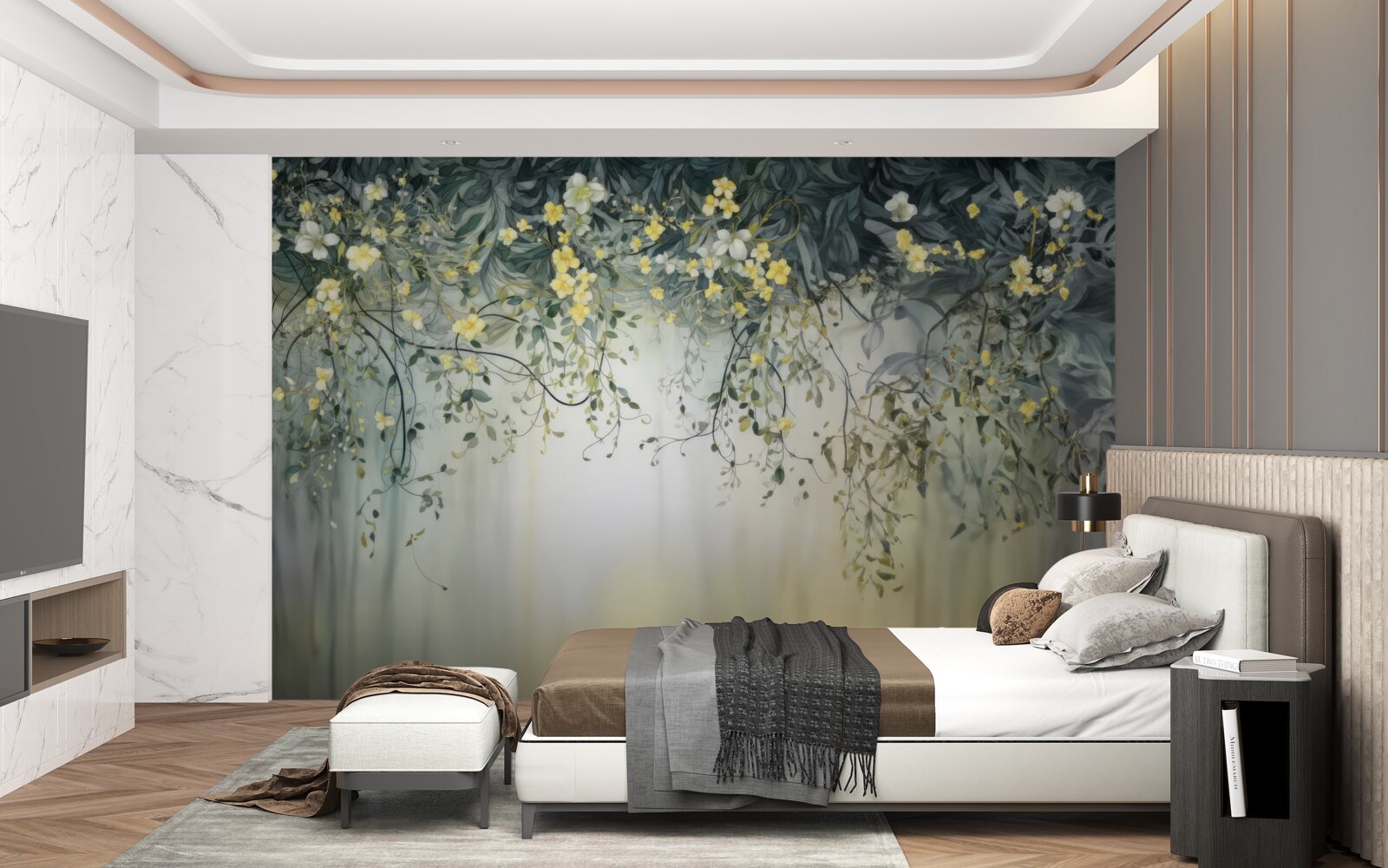 Fototapet plante verzi cu flori galbene suspendate