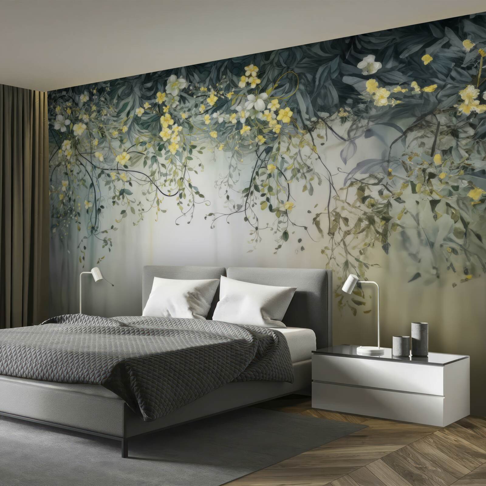 Fototapet plante verzi cu flori galbene suspendate