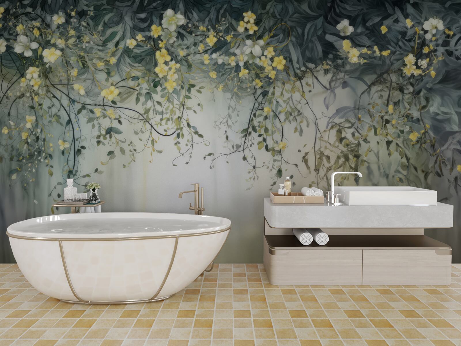 Fototapet plante verzi cu flori galbene suspendate