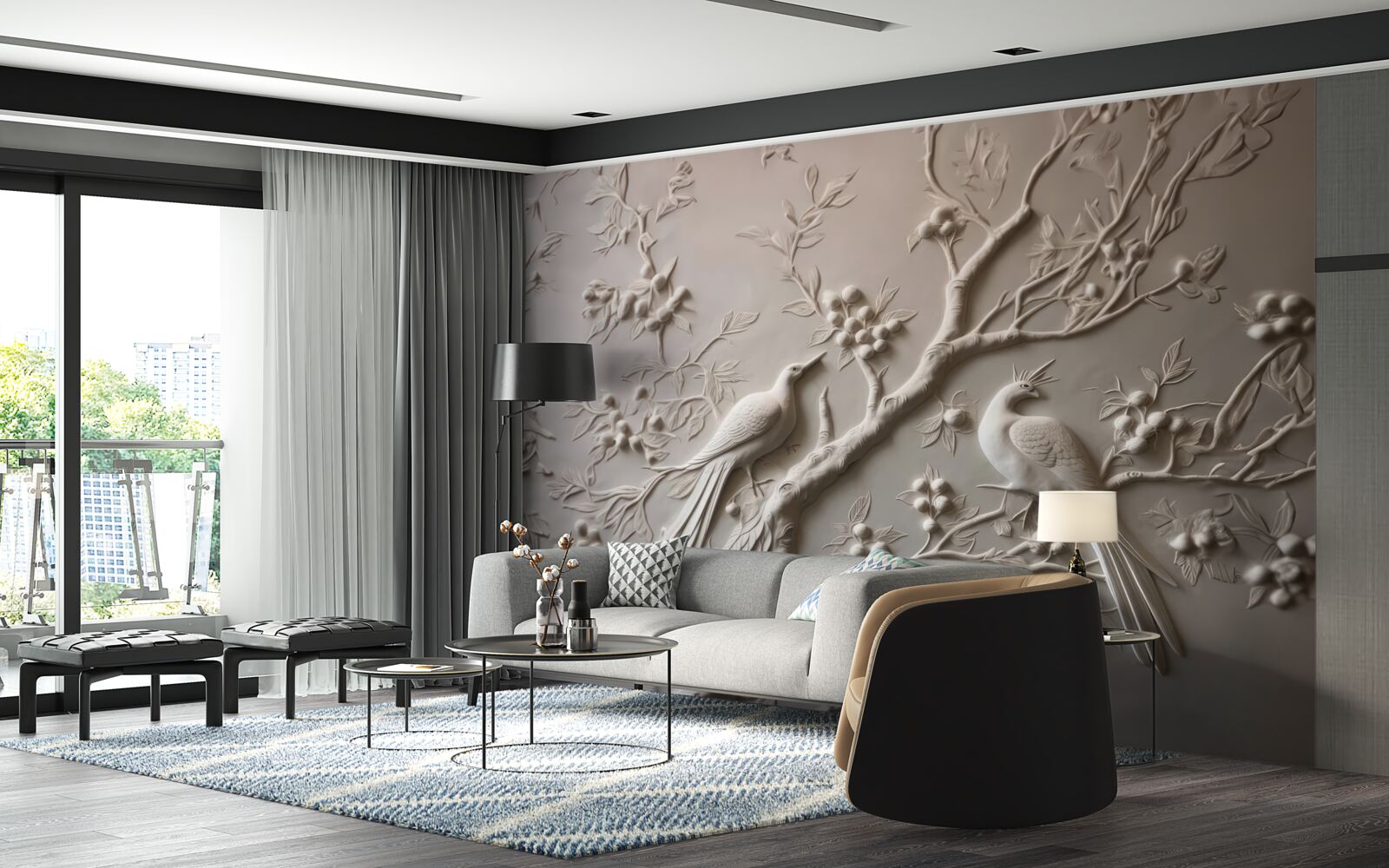 Fototapet o ramură luxuriantă și o pasăre