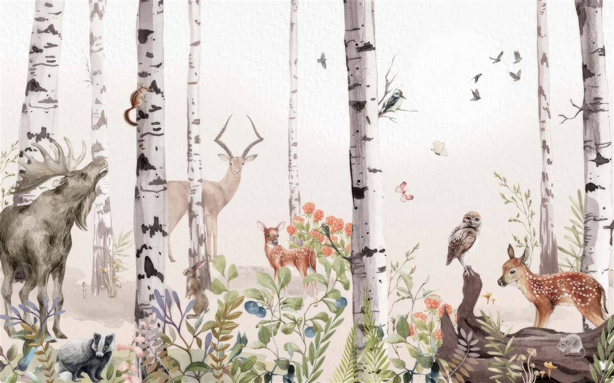 Fototapet animalele se plimbă printre copacii din pădure