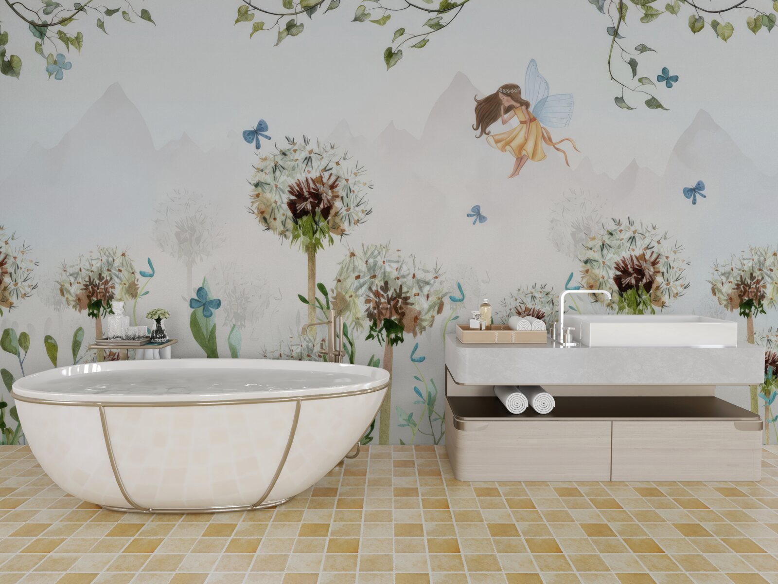 Fototapet vrăjitoarea planează peste flori