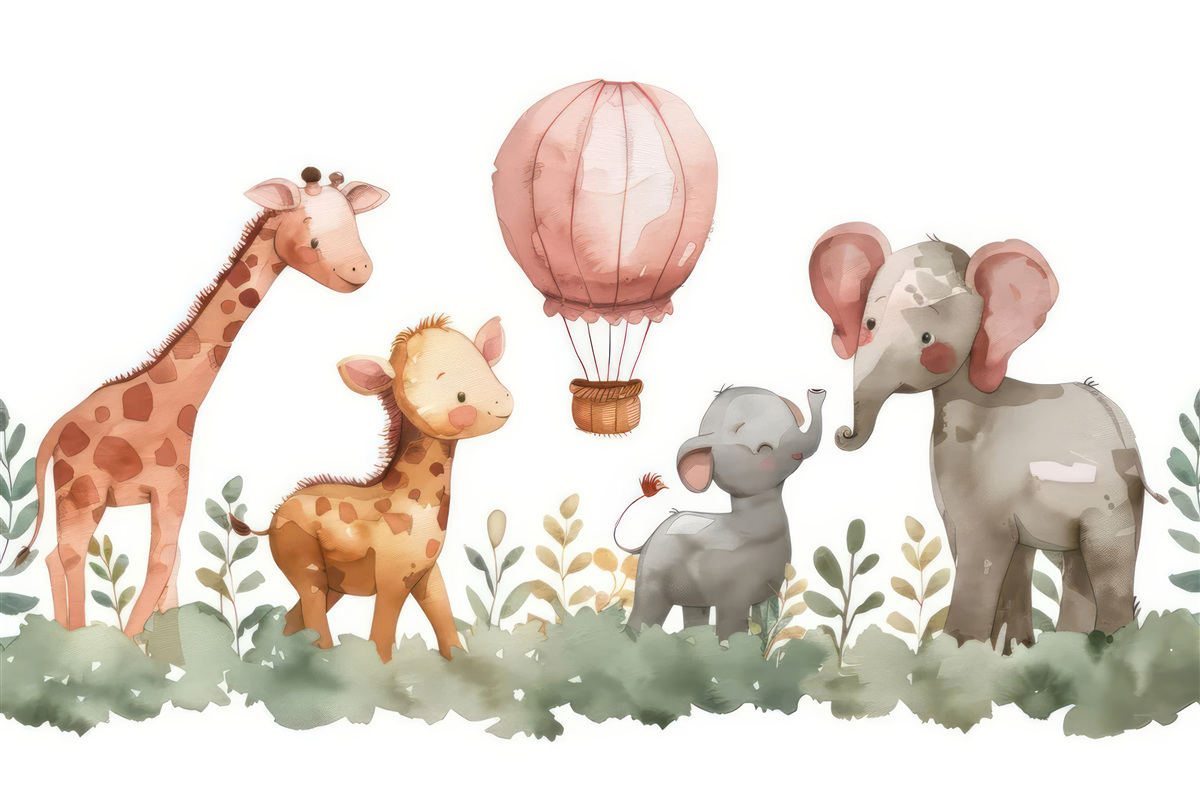 Fototapet pui de elefant și girafe