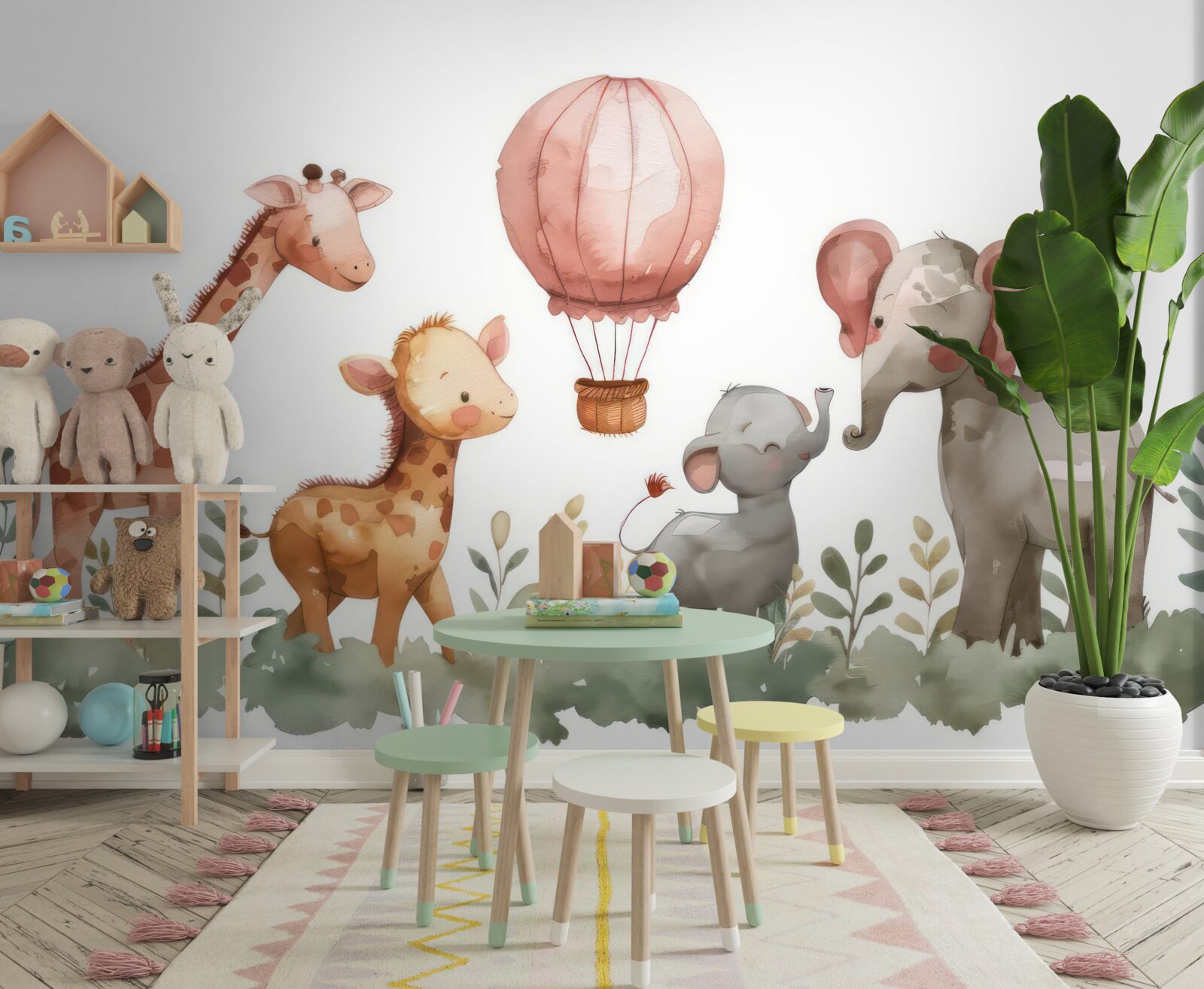 Fototapet pui de elefant și girafe