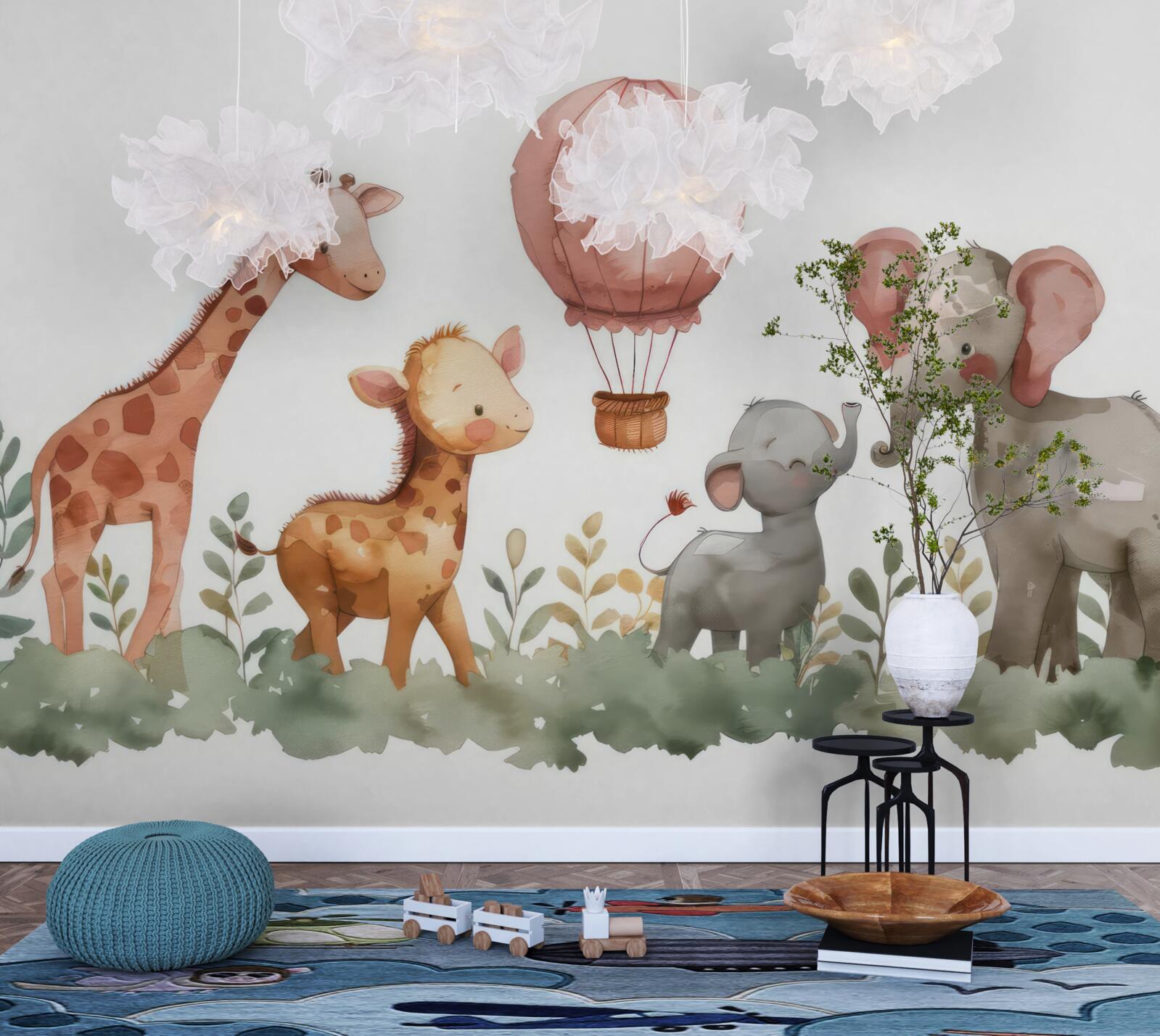 Fototapet pui de elefant și girafe