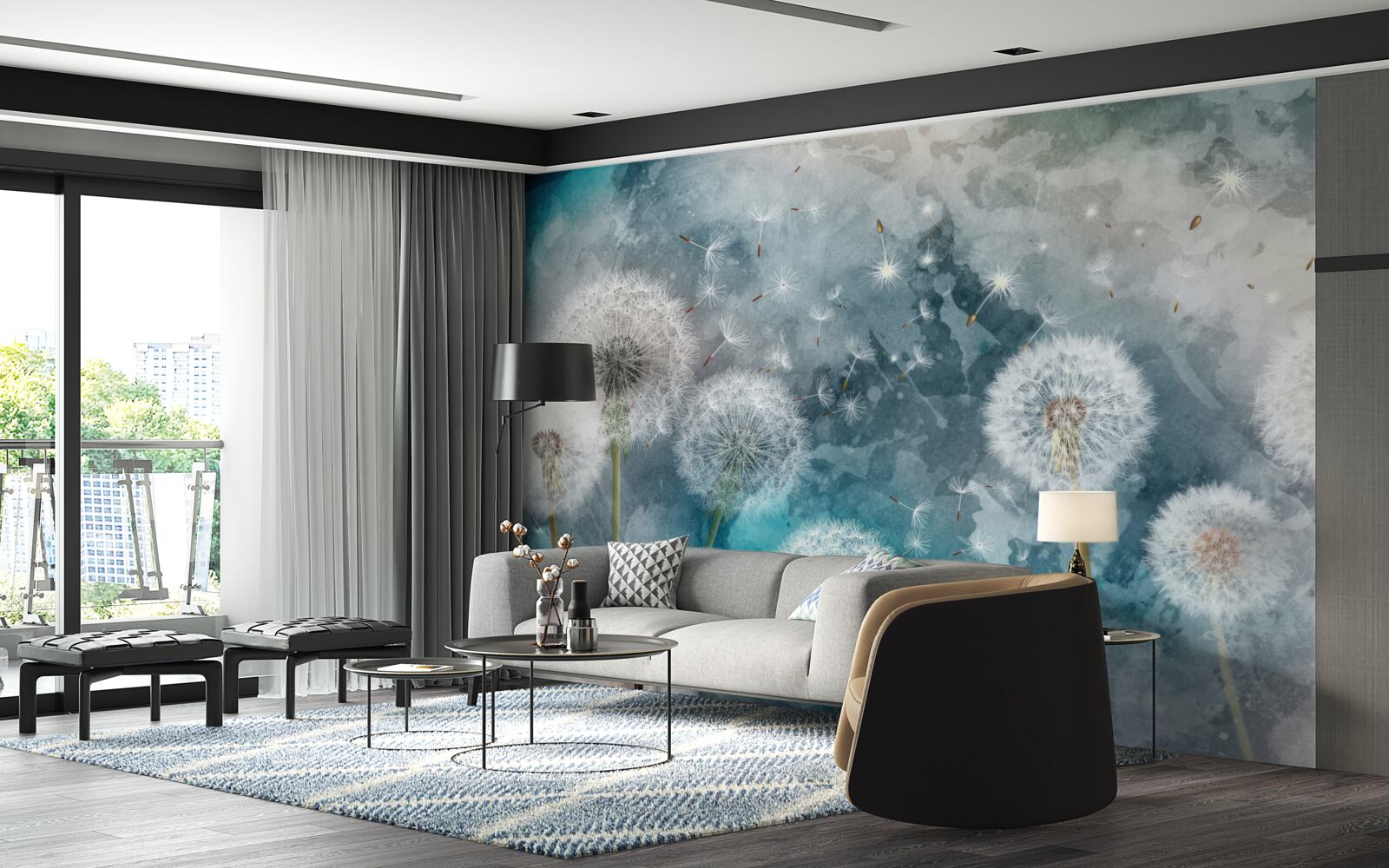 Fototapet Flori galbene pe un fundal albastru