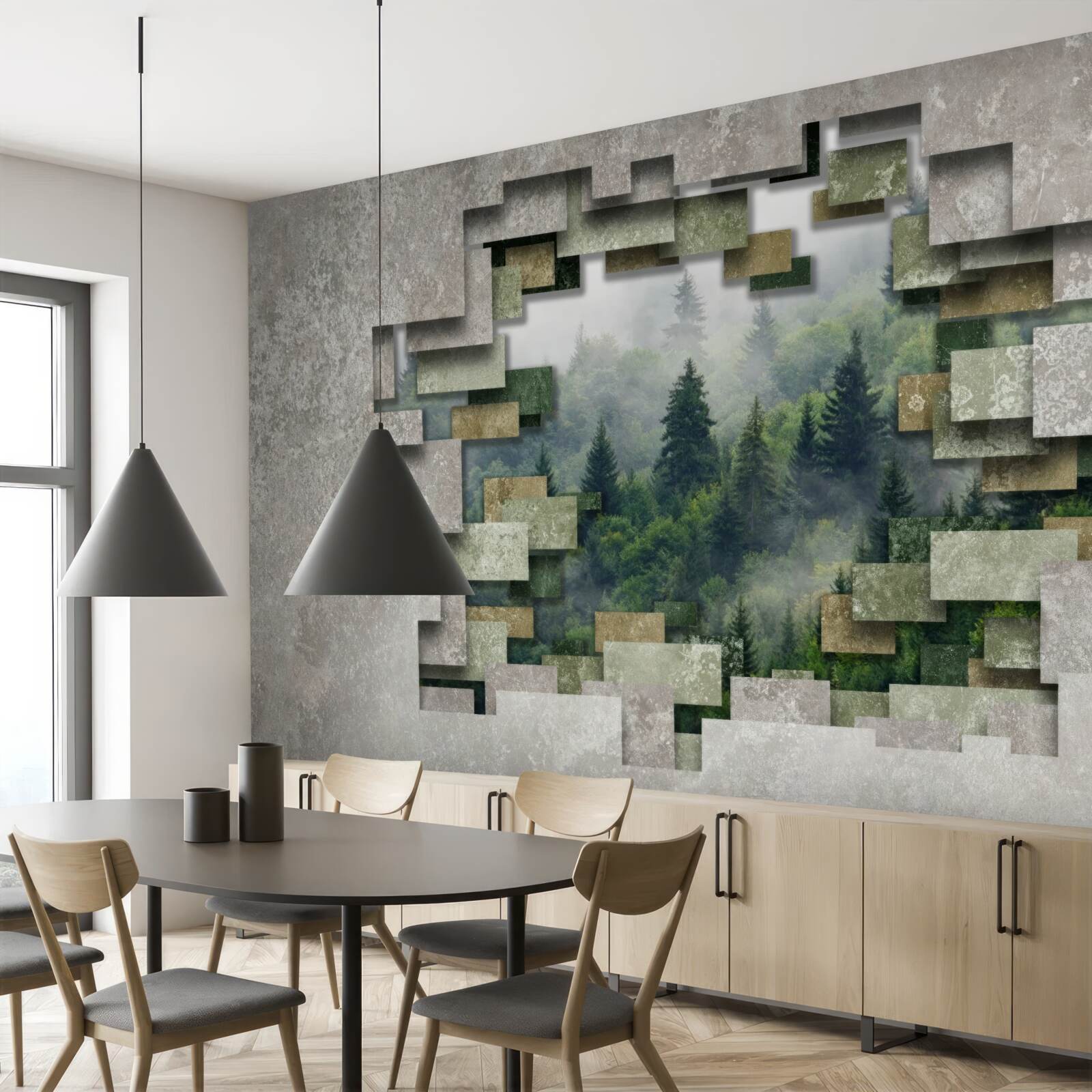 Fototapet Zid în ruine și conifere în pădure