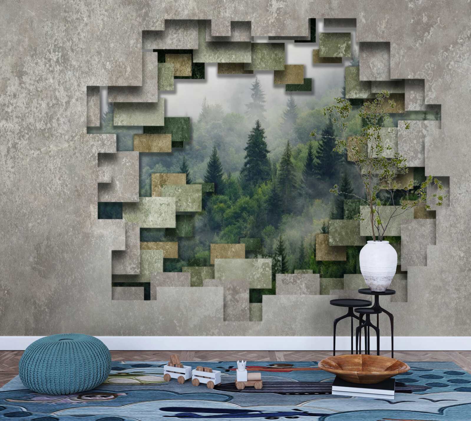 Fototapet Zid în ruine și conifere în pădure