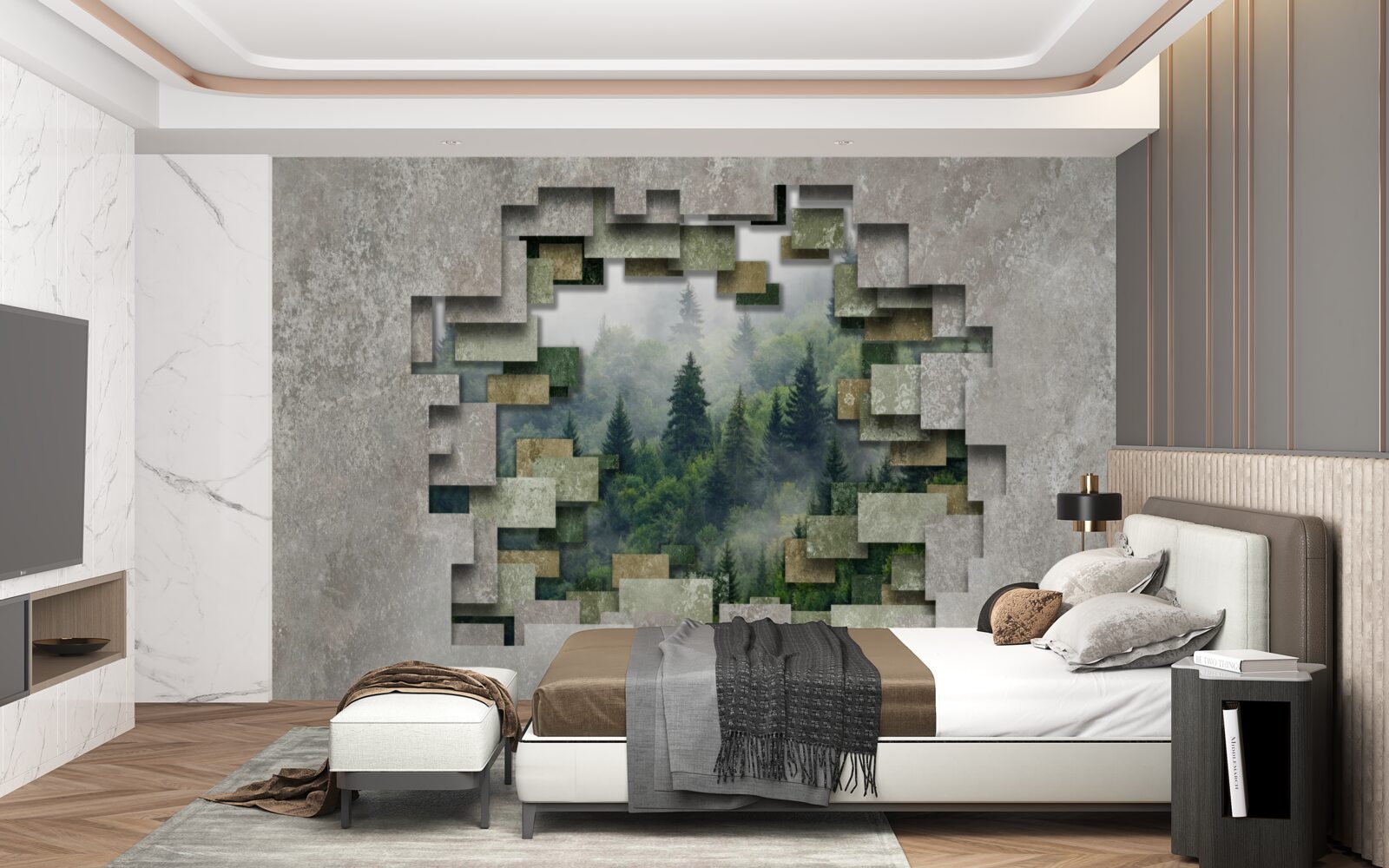 Fototapet Zid în ruine și conifere în pădure