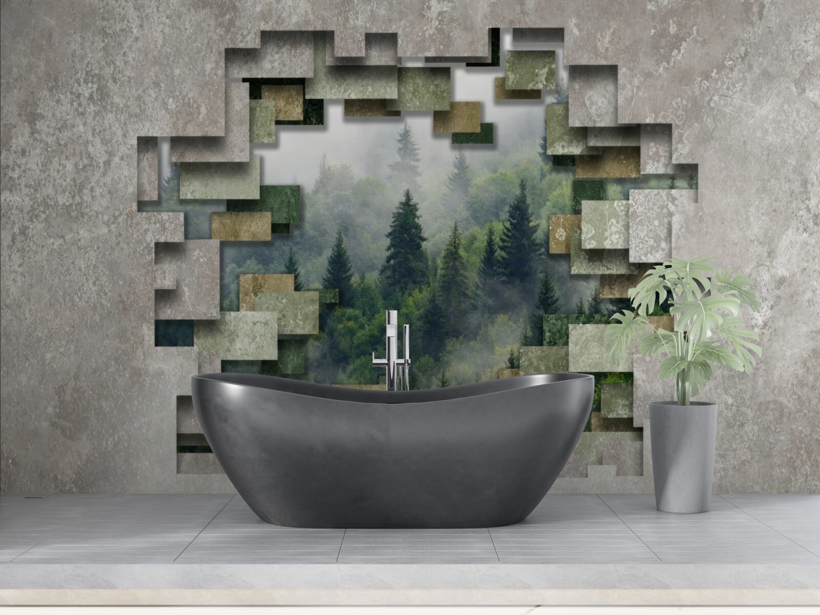 Fototapet Zid în ruine și conifere în pădure