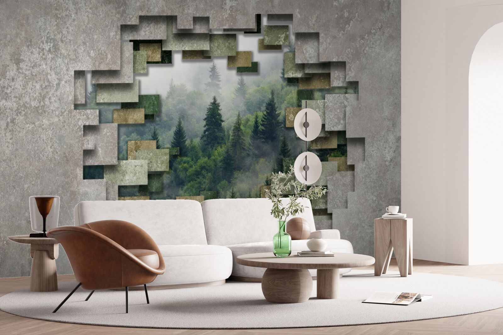 Fototapet Zid în ruine și conifere în pădure