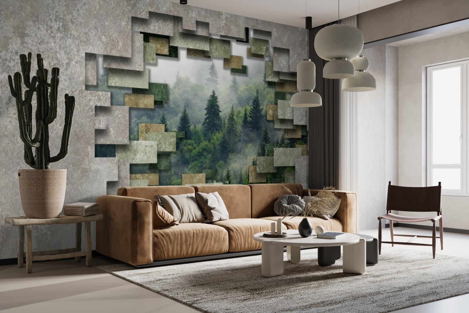 Fototapet Zid în ruine și conifere în pădure