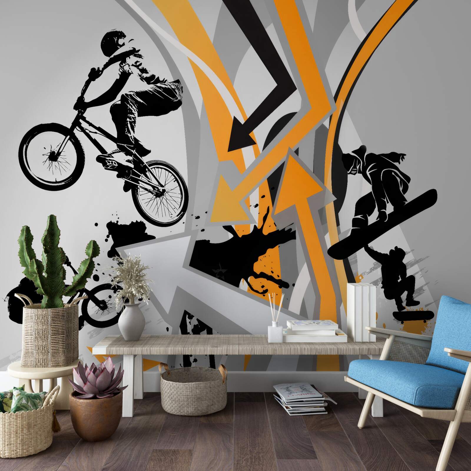 Fototapet tinerii merg pe bicicletă și skateboard