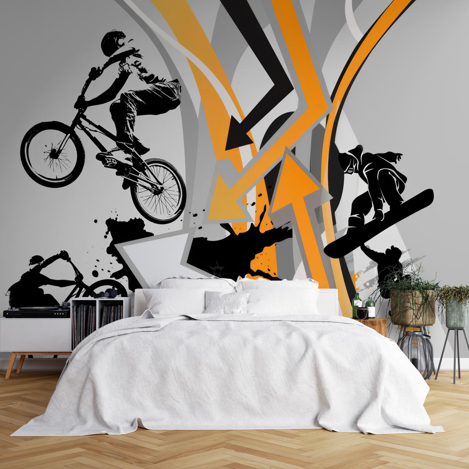 Fototapet tinerii merg pe bicicletă și skateboard