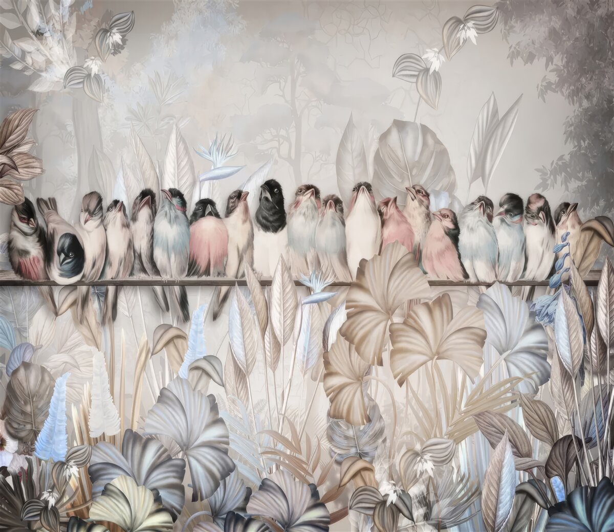 Fototapet multe păsări stau pe un băț