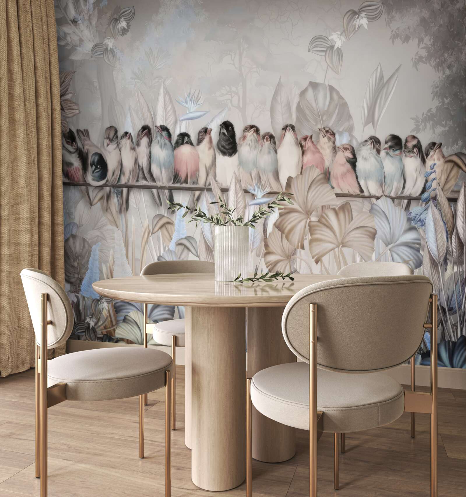 Fototapet multe păsări stau pe un băț