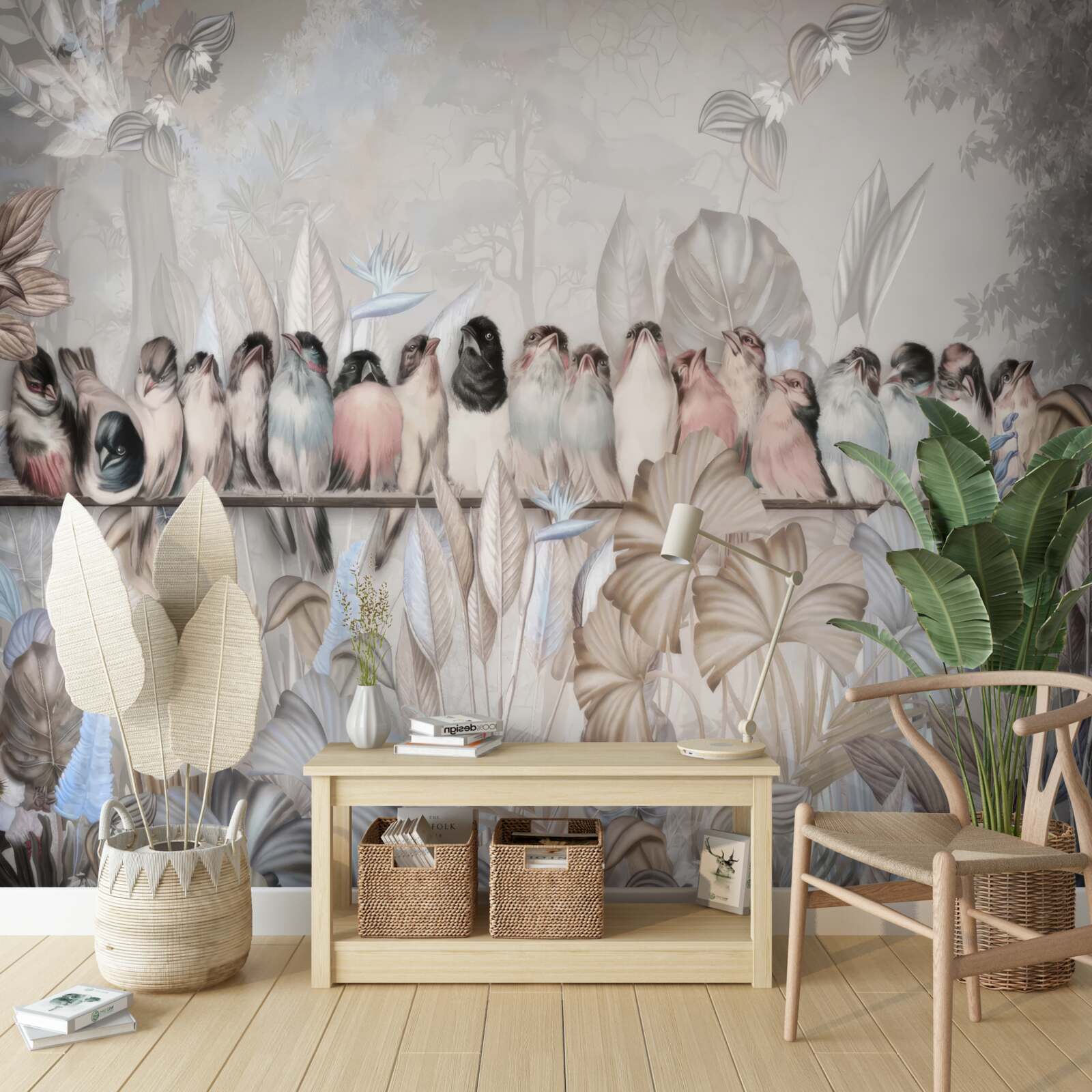 Fototapet multe păsări stau pe un băț