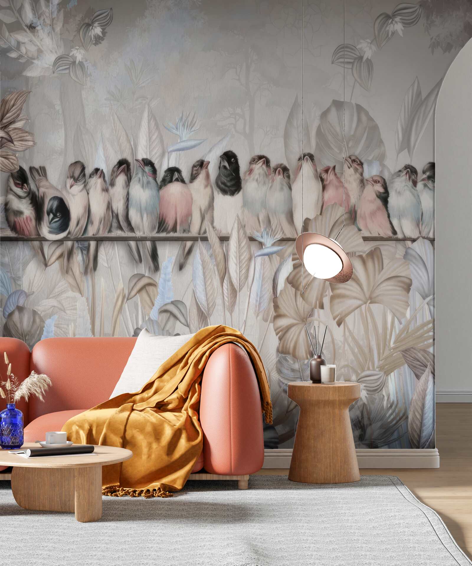 Fototapet multe păsări stau pe un băț