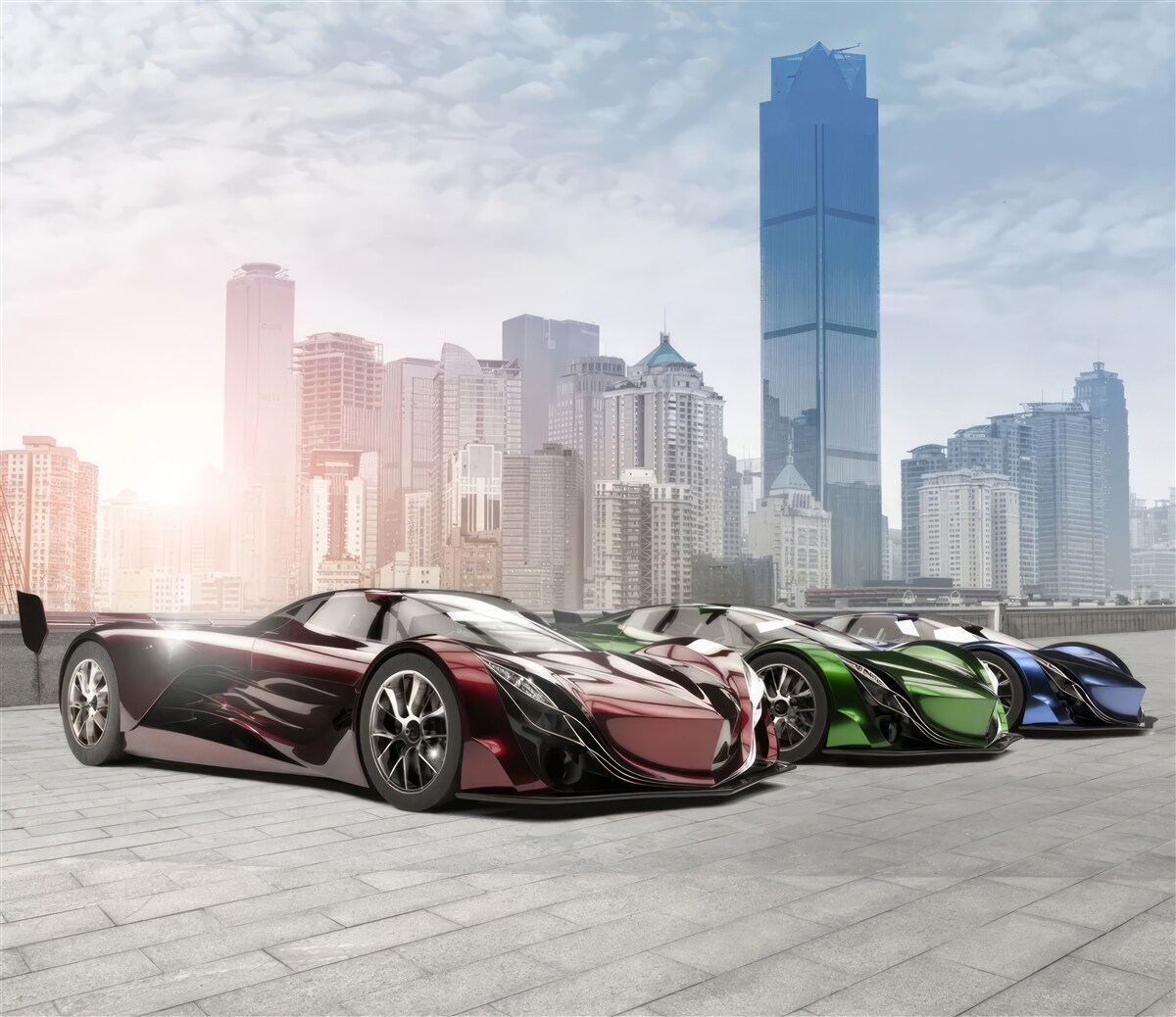 Fototapet trei mașini sport pe fundalul unui oraș mare