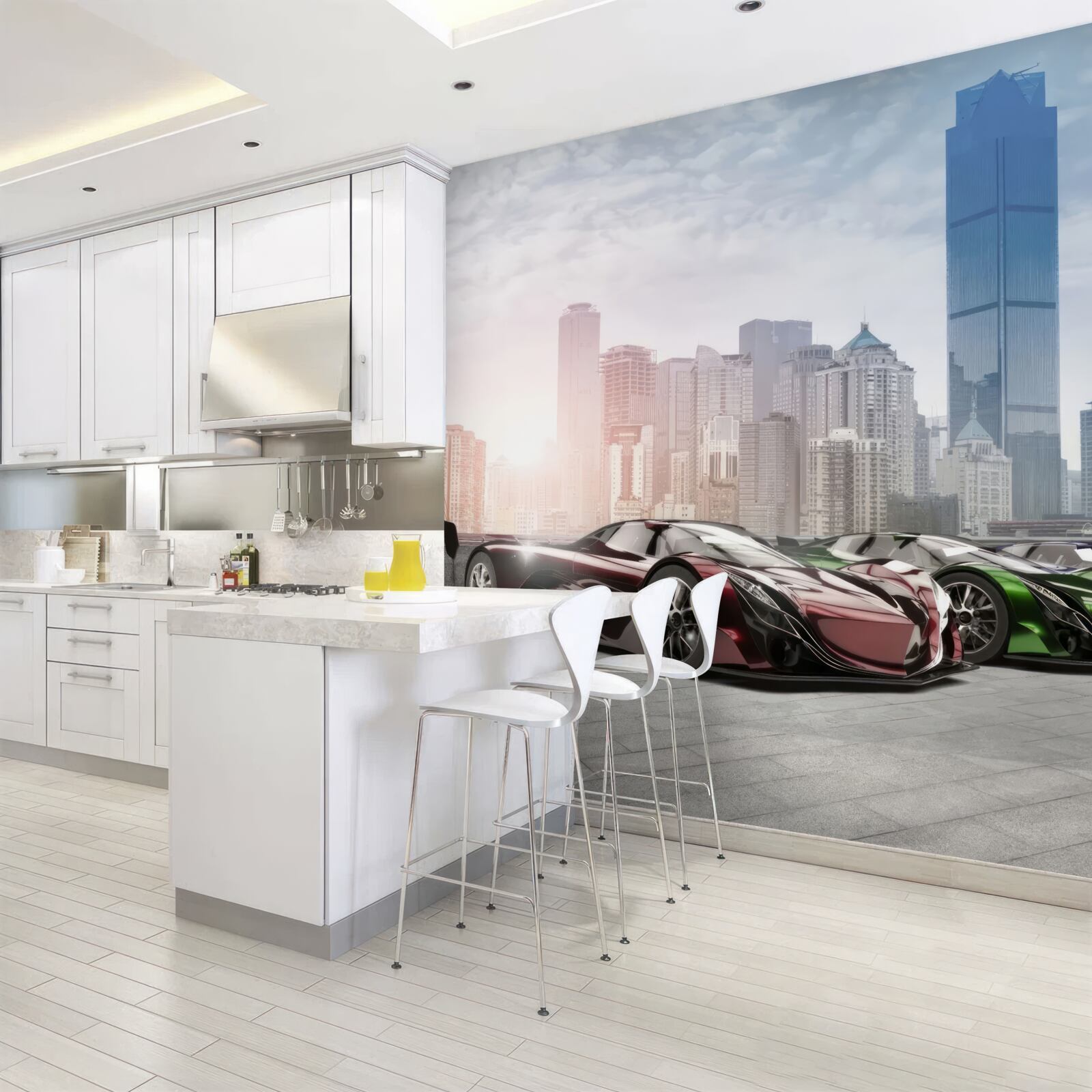 Fototapet trei mașini sport pe fundalul unui oraș mare