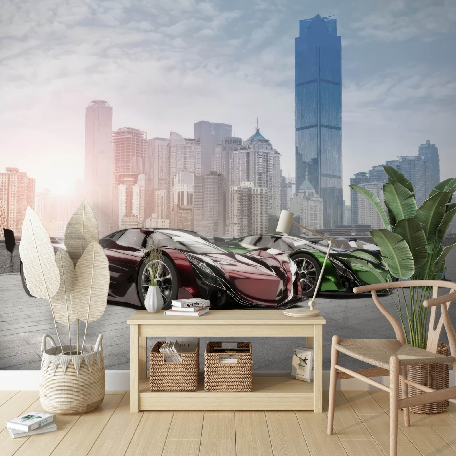 Fototapet trei mașini sport pe fundalul unui oraș mare