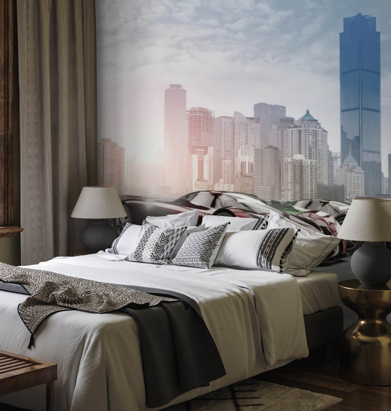 Fototapet trei mașini sport pe fundalul unui oraș mare