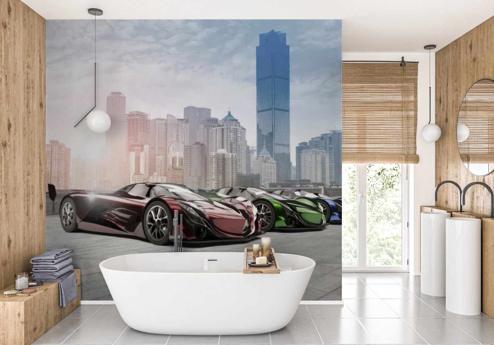 Fototapet trei mașini sport pe fundalul unui oraș mare