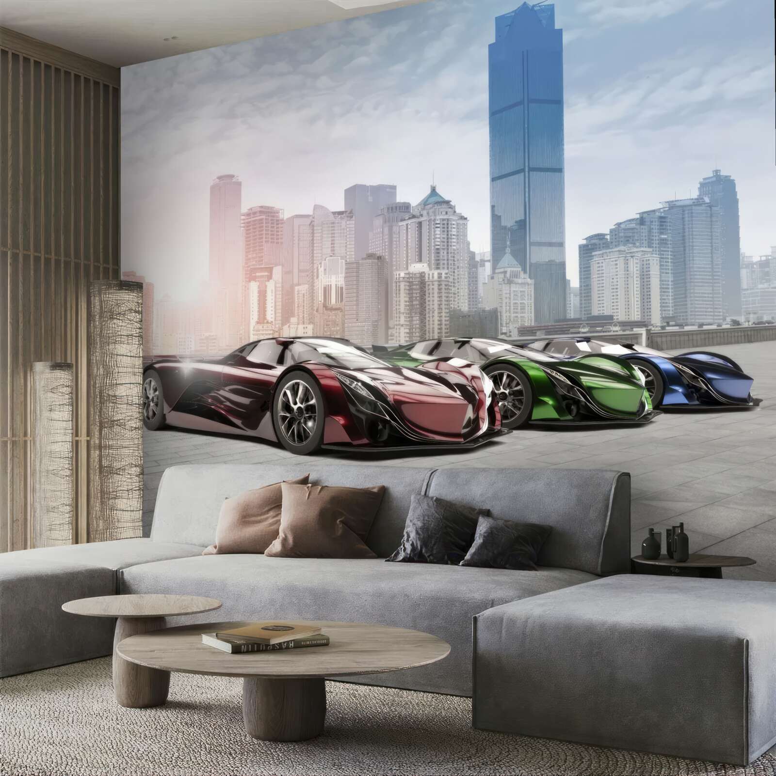 Fototapet trei mașini sport pe fundalul unui oraș mare
