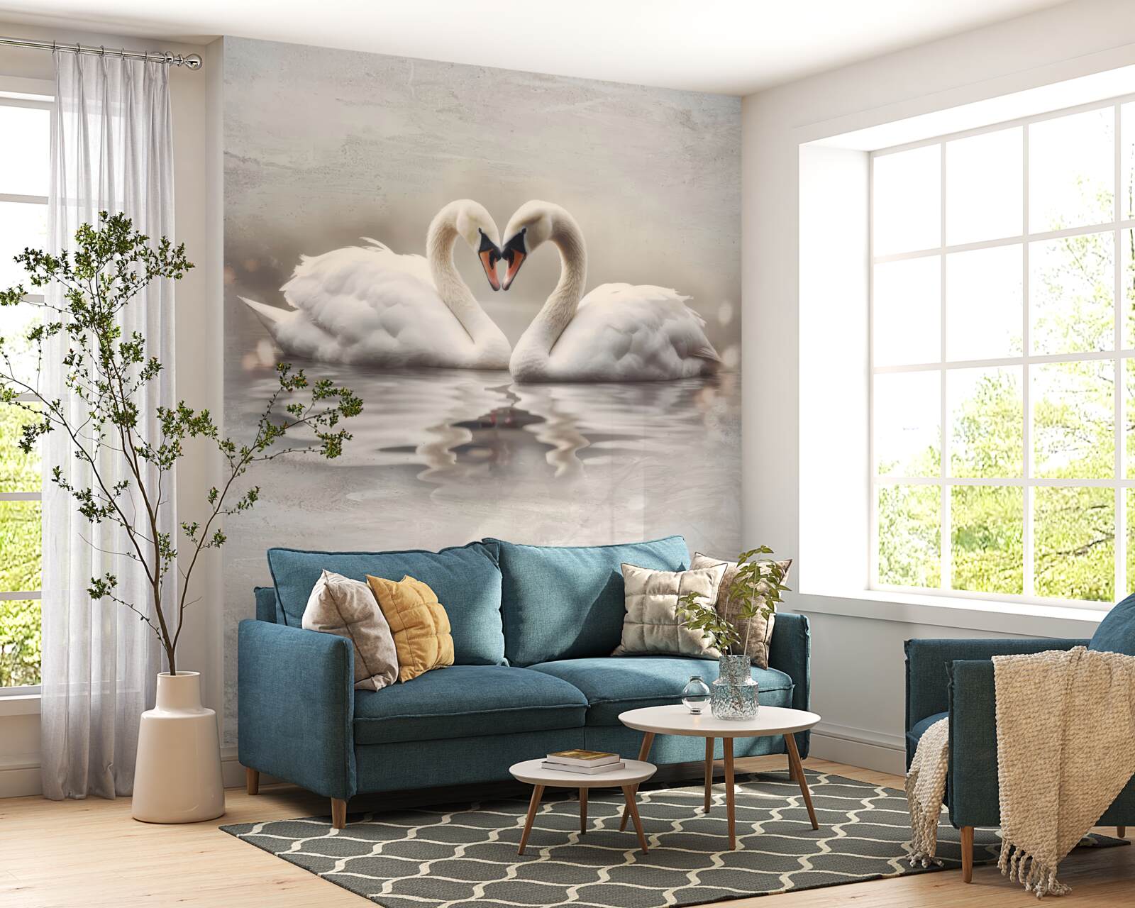 Fototapet o pereche de lebede albe ca zăpada