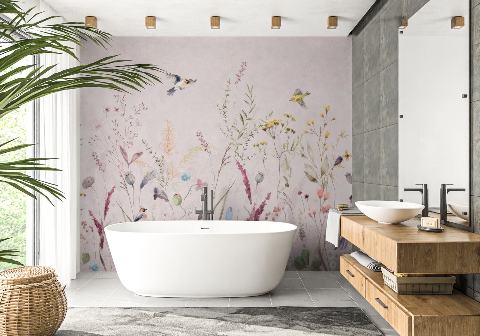 Fototapet flori și păsări