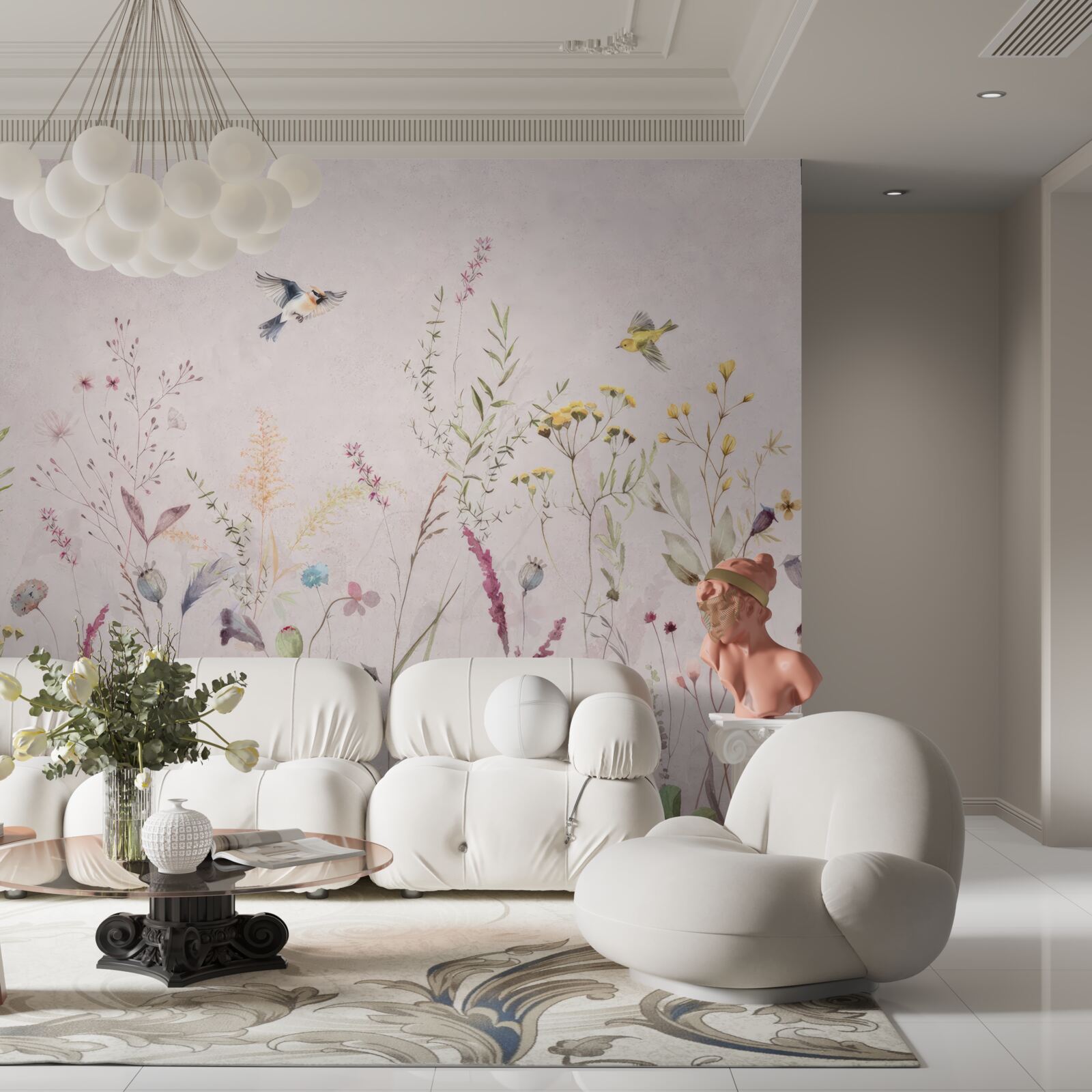 Fototapet flori și păsări