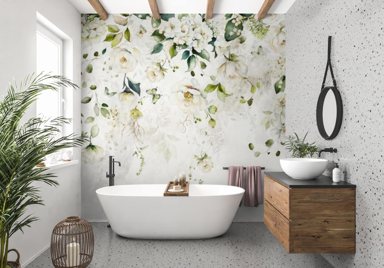 Fototapet ramuri decorate cu flori albe atârnă