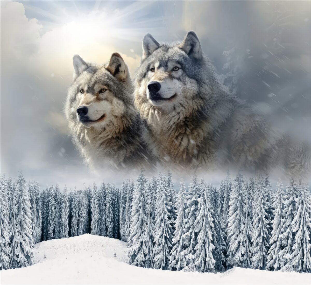 Fototapet doi lupi pe fundalul unei păduri înzăpezite