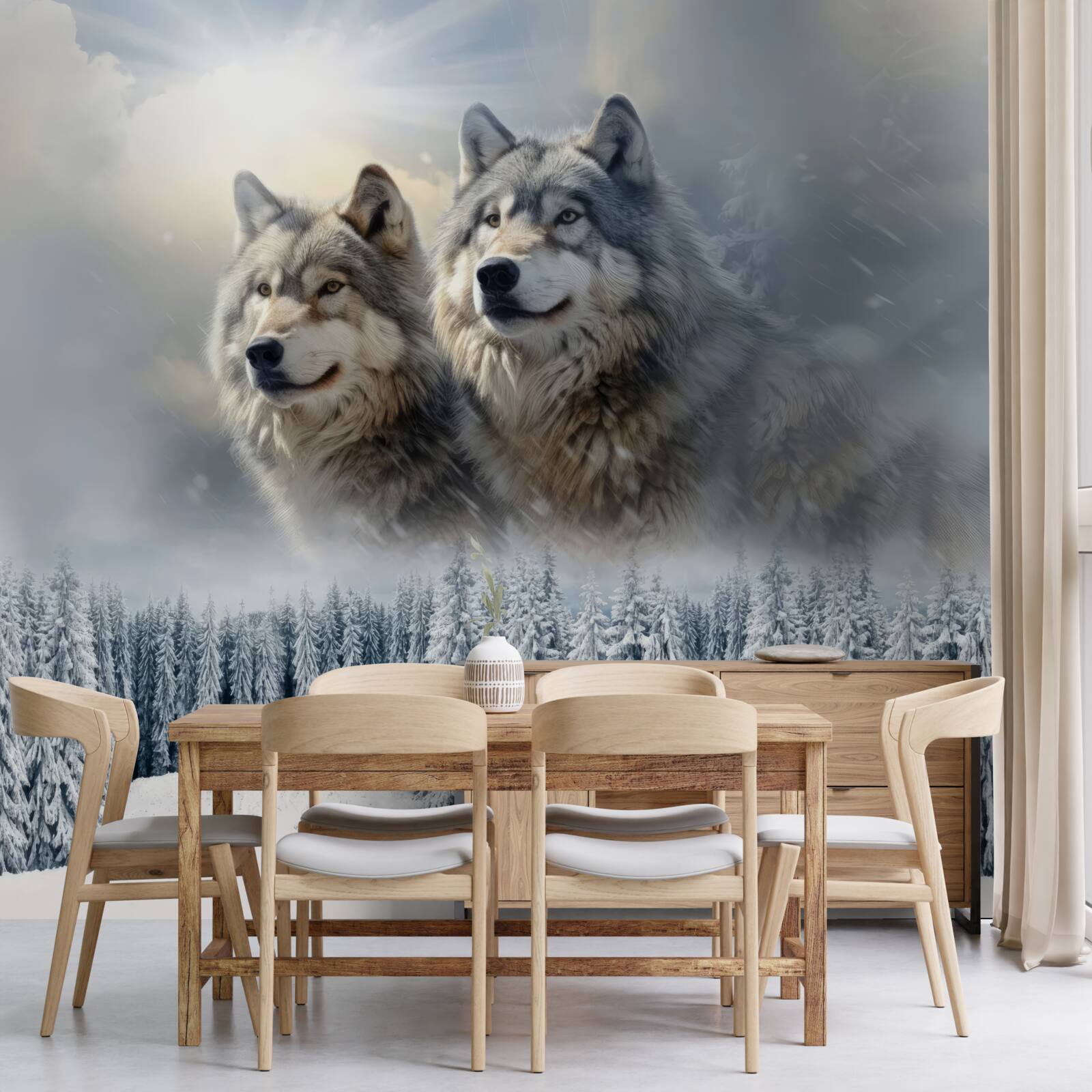 Fototapet doi lupi pe fundalul unei păduri înzăpezite