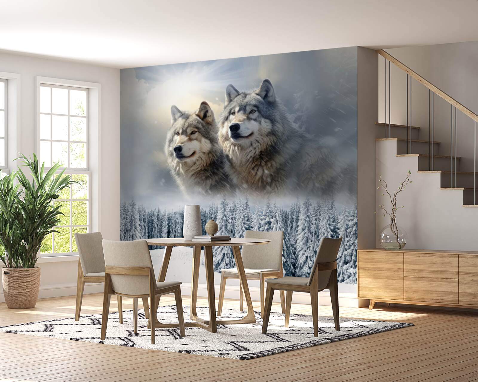 Fototapet doi lupi pe fundalul unei păduri înzăpezite