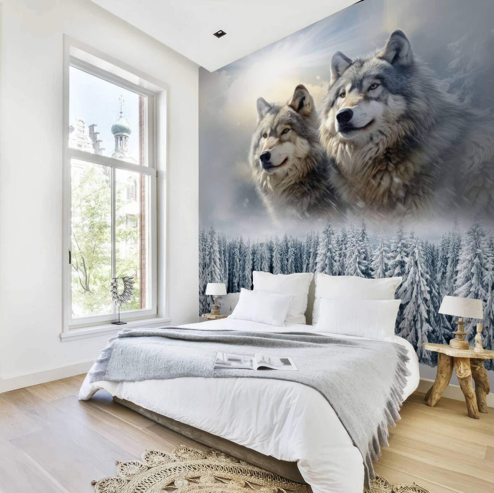 Fototapet doi lupi pe fundalul unei păduri înzăpezite